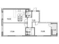 Планировка 2-комнатной квартиры, 64,5 м2