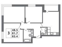 Планировка 3-комнатной квартиры, 83,3 м2