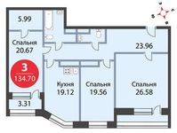 Планировка 3-комнатной квартиры, 134,7 м2