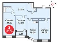 Планировка 3-комнатной квартиры, 127,5 м2