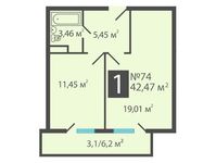 Планировка 1-комнатной квартиры, 42,47 м2