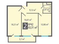 Планировка 2-комнатной квартиры, 63,31 м2
