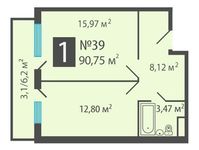 Планировка 1-комнатной квартиры, 90,75 м2