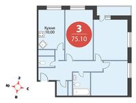 Планировка 3-комнатной квартиры, 75,1 м2