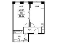 Планировка 1-комнатной квартиры, 38,62 м2