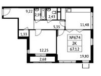 Планировка 2-комнатной квартиры, 66,4 м2