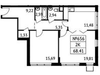 Планировка 2-комнатной квартиры, 68,3 м2