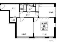 Планировка 2-комнатной квартиры, 68 м2