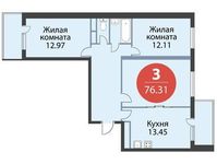 Планировка 3-комнатной квартиры, 76,31 м2