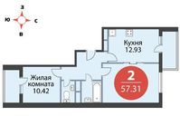 Планировка 2-комнатной квартиры, 57,31 м2
