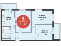 Планировка 3-комнатной квартиры, 71,46 м2
