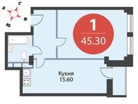 Планировка 1-комнатной квартиры, 45,3 м2