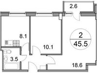 Планировка 2-комнатной квартиры, 44,7 м2