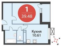Планировка 1-комнатной квартиры, 39,48 м2