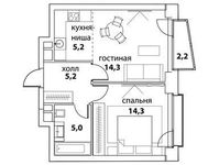 Планировка 2-комнатной квартиры, 44,6 м2