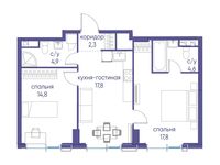 Планировка  2-комнатной квартиры, 62,2 м2