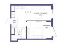 Планировка  1-комнатной квартиры, 46,5 м2