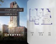 Планировка  3-комнатной квартиры, 77,1 м2