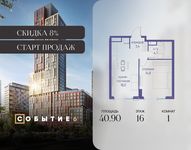 Планировка  1-комнатной квартиры, 40,9 м2