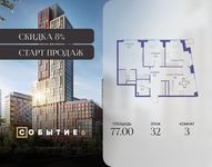 Планировка  3-комнатной квартиры, 77 м2