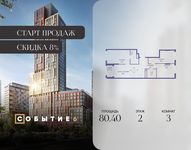 Планировка  3-комнатной квартиры, 80,4 м2