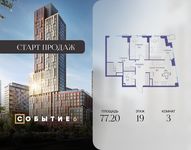 Планировка  3-комнатной квартиры, 77,2 м2