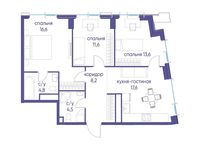 Планировка  3-комнатной квартиры, 76,9 м2