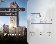 Планировка  2-комнатной квартиры, 74,3 м2