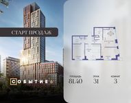 Планировка  3-комнатной квартиры, 81,4 м2
