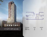 Планировка  3-комнатной квартиры, 80,4 м2