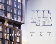 Планировка  3-комнатной квартиры, 77 м2
