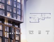 Планировка  2-комнатной квартиры, 74,5 м2
