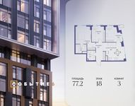 Планировка  3-комнатной квартиры, 77,2 м2