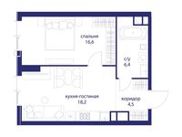 Планировка  1-комнатной квартиры, 45,7 м2