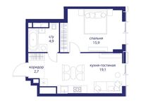 Планировка  1-комнатной квартиры, 42,6 м2