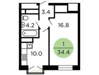 Планировка 1-комнатной квартиры, 34 м2
