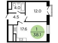 Планировка 1-комнатной квартиры, 38,4 м2