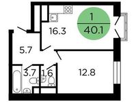 Планировка 1-комнатной квартиры, 40,1 м2