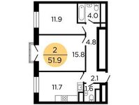 Планировка 2-комнатной квартиры, 52 м2