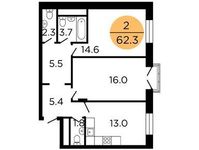 Планировка 2-комнатной квартиры, 62,3 м2