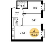 Планировка 2-комнатной квартиры, 63,6 м2
