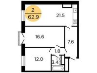 Планировка 2-комнатной квартиры, 62,9 м2