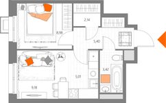 Планировка 2-комнатной квартиры, 34,13 м2