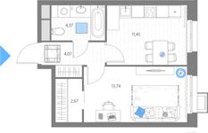 Планировка 1-комнатной квартиры, 36,3 м2