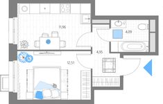 Планировка 1-комнатной квартиры, 33,51 м2