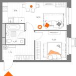 Планировка 2-комнатной квартиры, 43,58 м2
