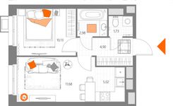 Планировка 2-комнатной квартиры, 36,44 м2