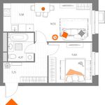 Планировка 2-комнатной квартиры, 43,58 м2