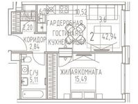 Планировка 2-комнатной квартиры, 42,94 м2