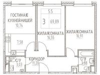 Планировка 3-комнатной квартиры, 69,89 м2